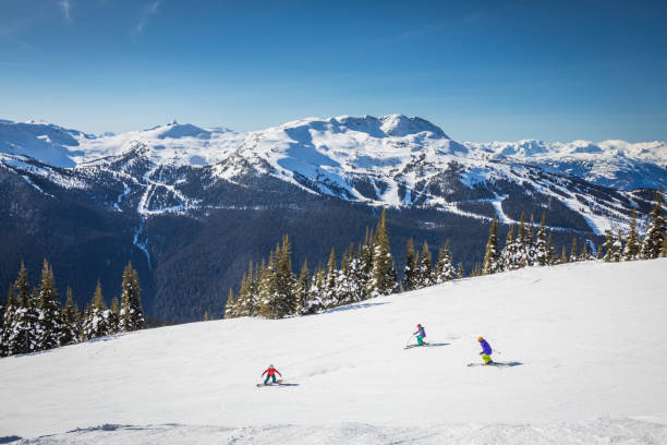 Group of friends skiing and snowboarding at Whistler Blackcomb ski resort. Beautiful sunny day in Whistler ski resort with skiers and snowboarder enjoying snow. whistler mountain stock pictures, royalty-free photos & images