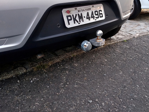 salvador, bahia, brazil - december 7, 2020: a trailer hitch is seen at the rear of a vehicle in the city of Salvador.