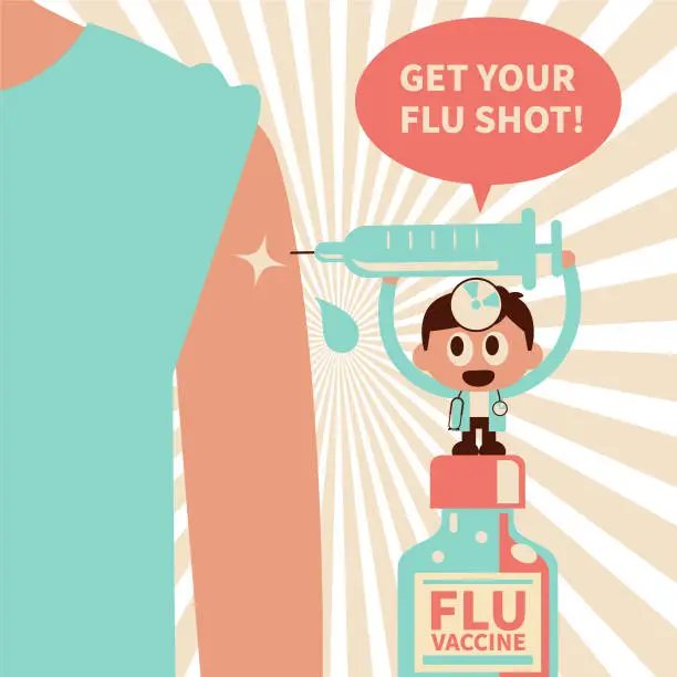Vector illustration of Cute small doctor wearing concave mirror and stethoscope injecting Flu Vaccine into people's arm, the flu season concept