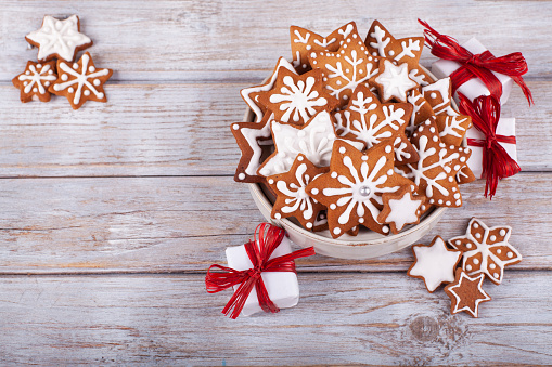 Christmas gingerbread cookies star shape on wooden table
