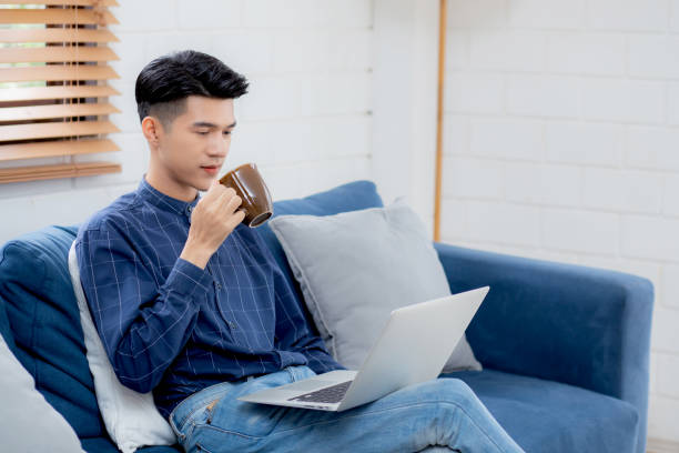 istock Young asian businessman smile and work from home with laptop computer online on sofa in living room, freelance business man using notebook and drink coffee on couch, new normal, lifestyle concept. 1291314548