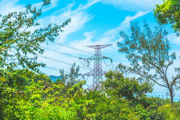 istock Electric high voltage tower with electric line against clear blue sky 1291315372