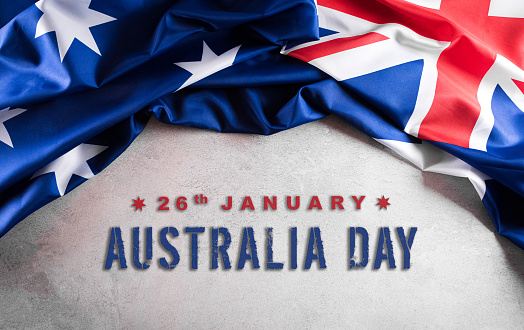 Happy Australia day concept. Australian flag against old stone background. 26 January.