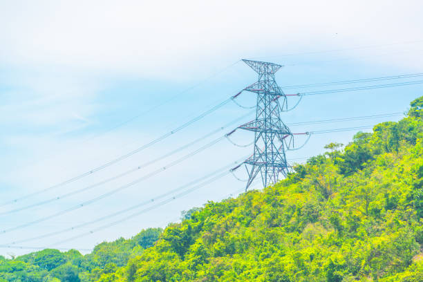 Electric high voltage tower with electric line against clear blue sky