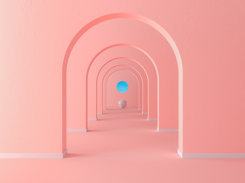 Coral pink pastel arch hallway simple geometric background, architectural corridor, portal, long tunnel inside empty wall. 3d rendering