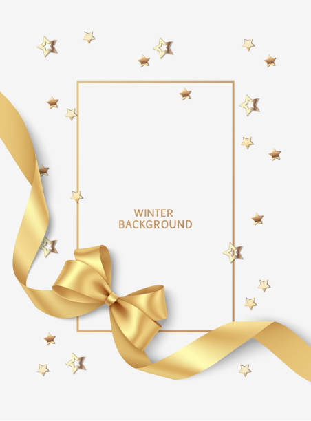 ilustrações de stock, clip art, desenhos animados e ícones de new year and christmas design template. xmas gray background with decorative golden bow with long swirl ribbon and gold star confetti. holiday frame. - yellow and white