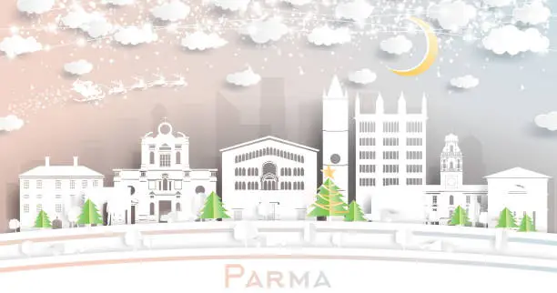 Vector illustration of Parma Italy City Skyline in Paper Cut Style with Snowflakes, Moon and Neon Garland.