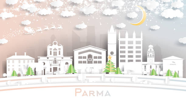 帕爾馬義大利城市天際線在剪紙風格與雪花，月亮和霓虹燈加蘭。 - emiliano martinez 幅插畫檔、美工圖案、卡通及圖標