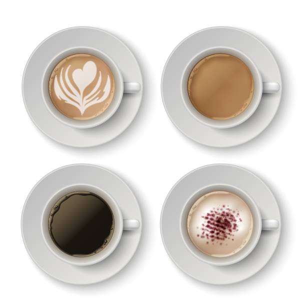 istock Coffee cups. Realistic espresso, latte or cappuccino. 3D white mugs and saucer with hot beverage. Caffeine drinks, drawings on milk foam. Menu decoration template, vector barista set 1291327233