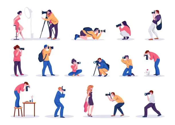 Vector illustration of Photographers. Cartoon men and women shoot photographs. People taking pictures of celebrity and models, food or plants. Professional cameras and studio equipment. Vector paparazzi set