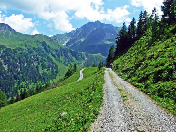 Walking and hiking trails in the Liechtenstein Alps mountain range, and along the Naaftal and Saminatal Alpine valleys - Steg, Liechtenstein stock photo