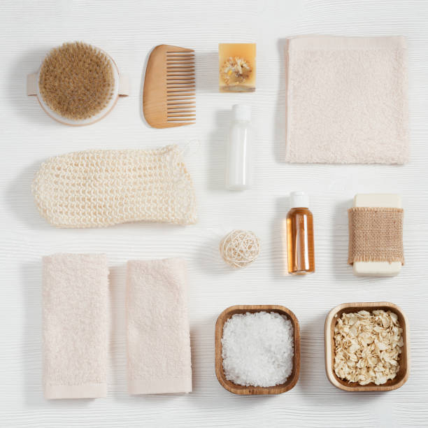 istock Bath accessories from natural material, zero waste set for bathroom, small bottles with gel and shampoo, soap, sea salt, washcloth 1291330948