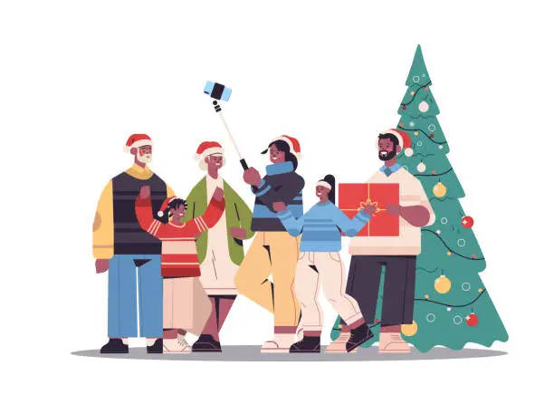 Vector illustration of multigenerational family taking selfie photo on smartphone camera near christmas tree new year holidays celebration