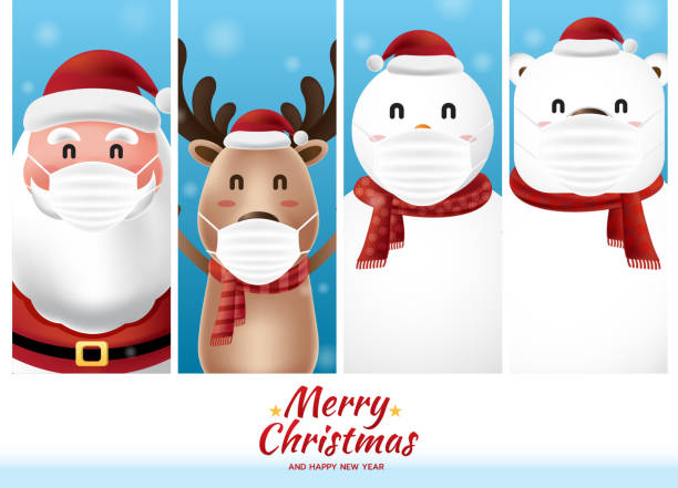 istock Santa Claus and the gang wearing mask on blue squares background 1291334457