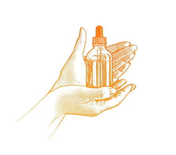 Vector illustration of Hands holding CBD Oil bottle and pipette