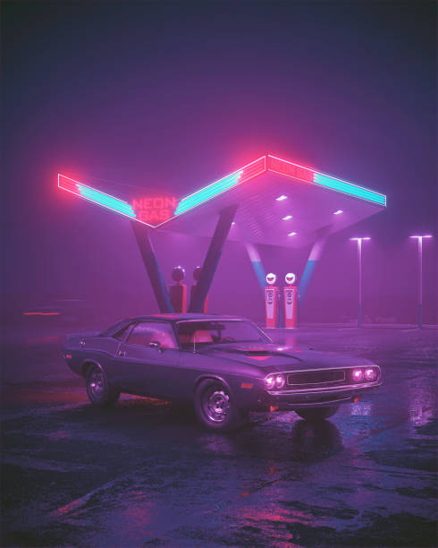 霓虹燈加油站和復古汽車的3d插圖。霧雨和夜晚。瀝青上的顏色反射 - 流行音樂會 插圖 個照片及圖片檔