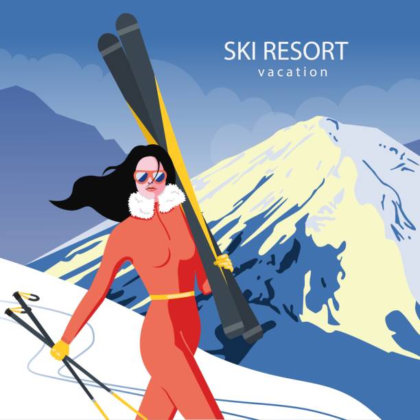Ski resort poster in vintage retro style. Winter season vacation in mountains concept vector illustration. Female skier on a mountain slope. Travel in alps Ski resort poster in vintage retro style. Winter season vacation in mountains concept vector illustration. Female skier on a mountain slope. Travel in alps. 40s pin up girls stock illustrations