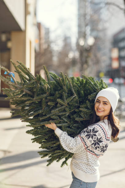 istock Cute brunette in a white sweater with Christmas tree 1291341297