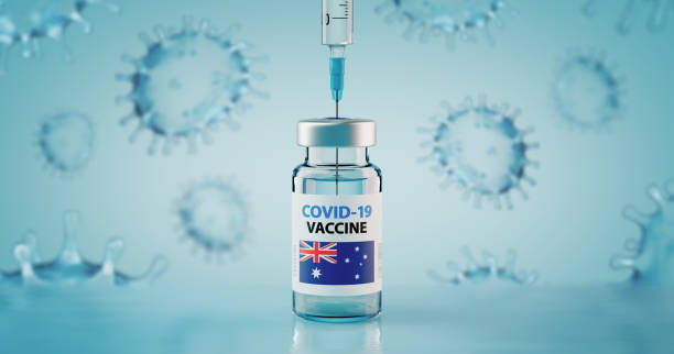 covid-19 coronavirus vaccine and syringe with flag of australia concept image - usage imagens e fotografias de stock