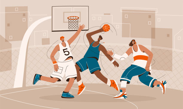 illustrazioni stock, clip art, cartoni animati e icone di tendenza di giocatori di basket che giocano nel parco giochi - streetball basketball sport men