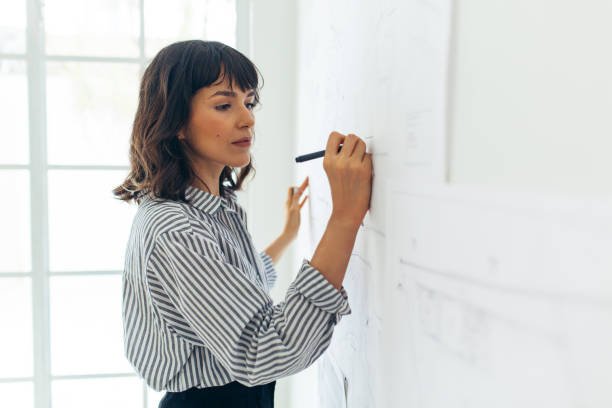 istock Close up of woman architect making architecture designs 1291344769