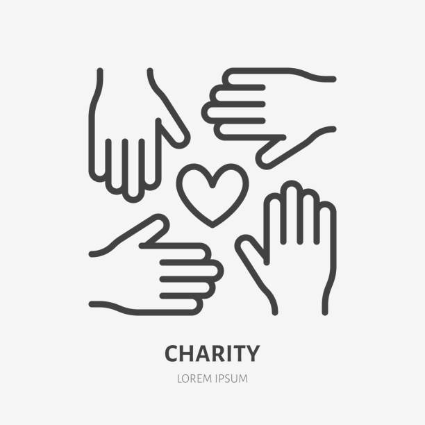 Volunteer organization flat line icon. Vector outline illustration of hands and heart. Black color thin linear sign for charity unity Volunteer organization flat line icon. Vector outline illustration of hands and heart. Black color thin linear sign for charity unity. charitable foundation stock illustrations
