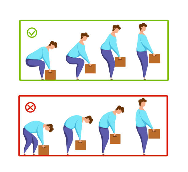 ilustrações de stock, clip art, desenhos animados e ícones de lifting box correct and improper technique vector health care concept. cartoon illustration of safely right position lift heavy object. workman carring weight spine right and wrong manually poses. - manually