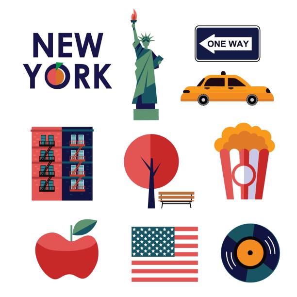 ilustrações, clipart, desenhos animados e ícones de conjunto de ícones vetoriais estilo plano nova-iorquino - new york city audio