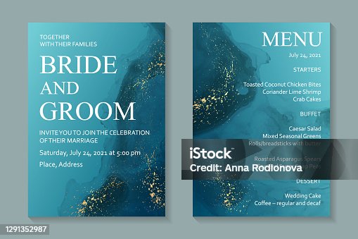 istock Wedding invitation with blue watercolor waves or fluid art in alcohol ink style with golden glitter. 1291352987