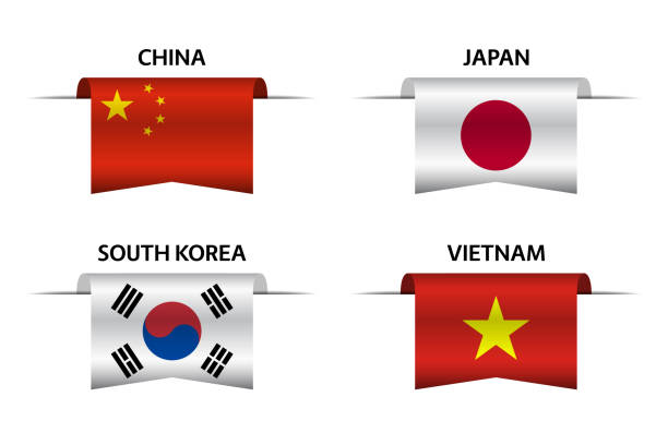 ilustrações, clipart, desenhos animados e ícones de conjunto de quatro fitas chinesas, japonesas, coreanas e vietnamitas. fabricado na china, made in japan, made in south korea e made in vietnam adesivos e rótulos. vetores �ícones simples com bandeiras - made in korea