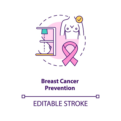 Breast cancer prevention concept icon. Breastfeeding benefits for women. Woman breast disease posibility idea thin line illustration. Vector isolated outline RGB color drawing. Editable stroke