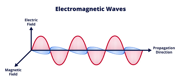 Vector scientific illustration of electromagnetic wave consisting of electric and magnetic fields and propagation isolated on a white background. Radio waves, microwaves, infrared light, visible light, ultraviolet or UV light, X-ray, gamma-ray. Red and blue waves.