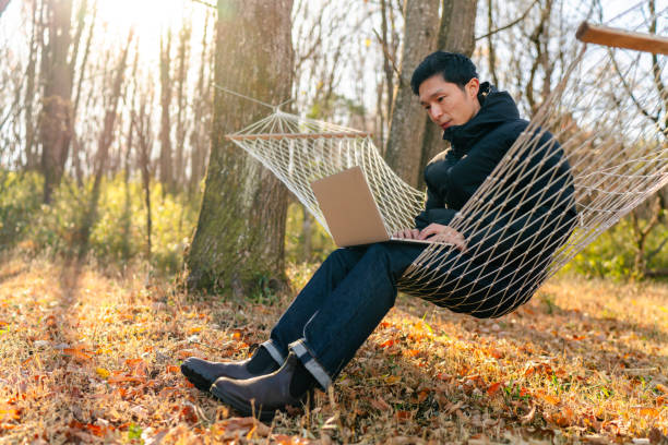 istock Young man sitting on hammock and working remotely on laptop in nature 1291357662