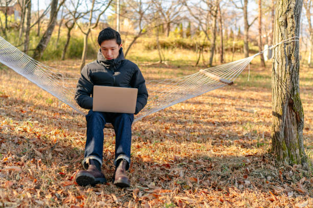 istock Young man sitting on hammock and working remotely on laptop in nature 1291357702