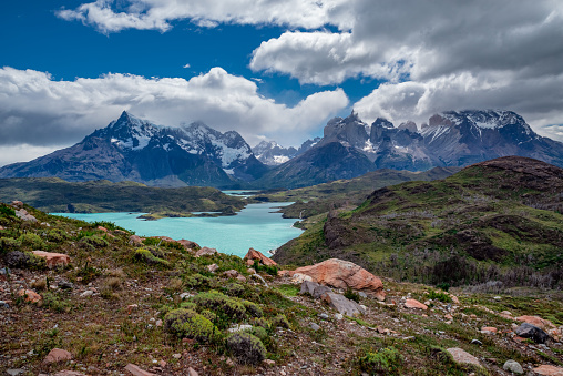 Cuernos del Paine, Lake Pehoe, Torres del Paine National Park in Chilean Patagonia, Chile