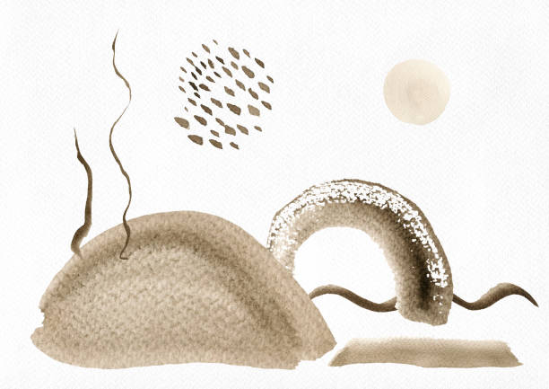 Watercolor abstract hand drawn illustration with sepia and sandy textured shapes, lines and strokes. Sepia and umbra picture, landscape orientation. Cool background design for posters.