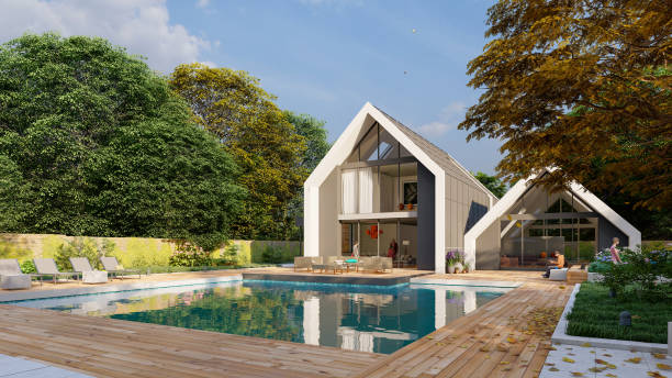 istock Modern pitched roof villa with pool and garden 1291362684