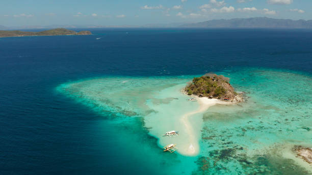 istock Small torpic island with a white sandy beach, top view 1291363346