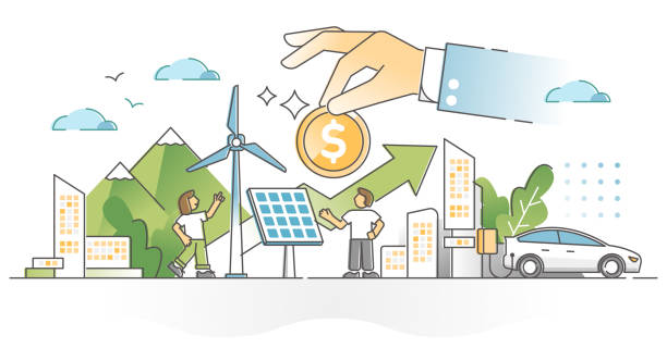 Renewable energy investment as natural future fund strategy outline concept Renewable energy investment as natural future fund strategy outline concept. Alternative electricity and power production financial profit for zero emissions climate approach vector illustration. climate stock illustrations