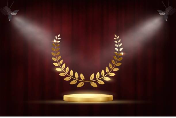 goldene auszeichnungsschilder mit podium und lorbeerkranz isoliert auf rotem, winkendem vorhang hintergrund unter spotligts. vector award design vorlage. - jury entertainment stock-grafiken, -clipart, -cartoons und -symbole