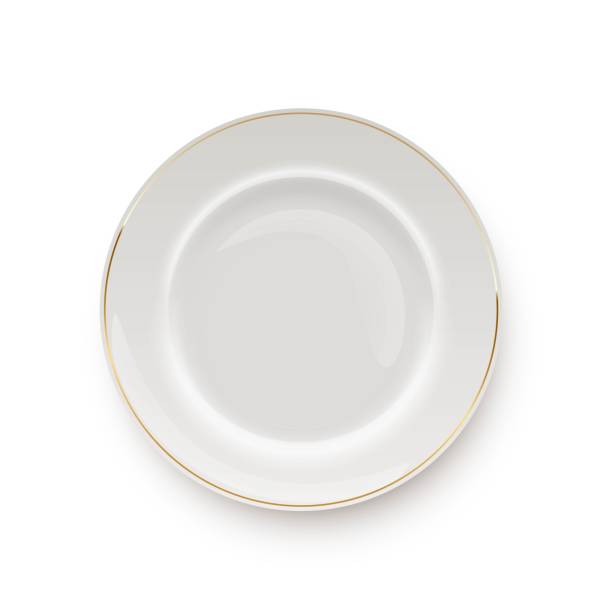 istock White plate for dishes with gold border. Top view of empty clean kitchen plate vector illustration. Round realistic simple tableware object on white background. Dinner or breakfast 1291364615