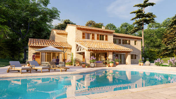 istock Mediterranean style villa with pool and garden 1291364942