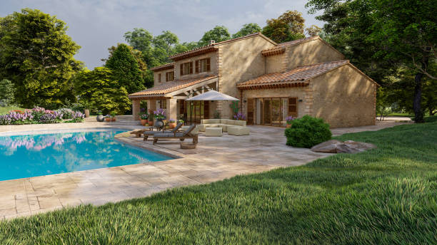 istock Mediterranean style villa with pool and garden 1291365025