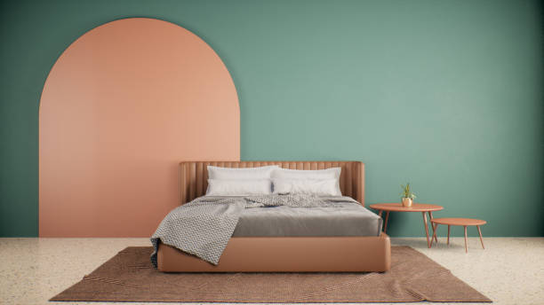 istock minimal interior of green bedroom with brown double bed, 3D rendering 1291365089