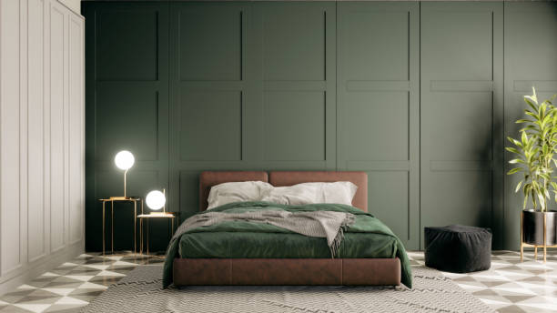 istock Modern Vintage interior of green bedroom with double bed, 3D rendering background 1291365111