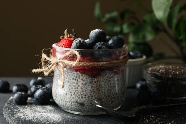 istock Concept of breakfast with delicious chia pudding 1291365209