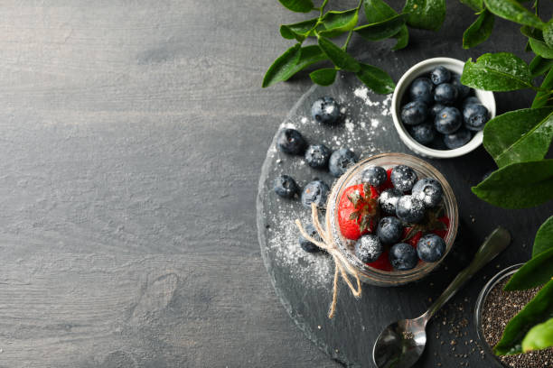 istock Concept of breakfast with delicious chia pudding 1291365231