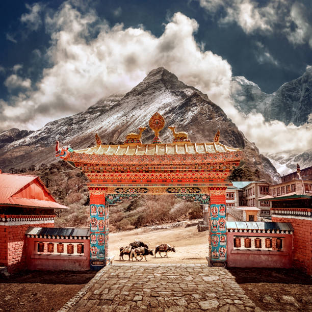 monasterio budista en la montaña himalayas. tengboche, nepal - tibetan buddhism fotos fotografías e imágenes de stock