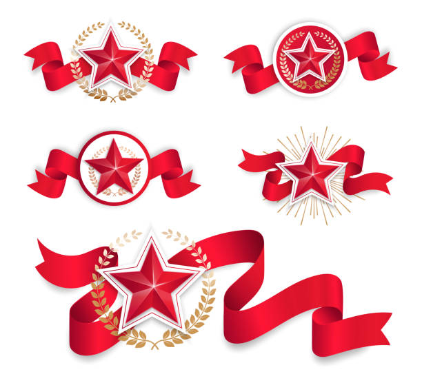 ilustraciones, imágenes clip art, dibujos animados e iconos de stock de estrellas y cintas - medal star shape war award