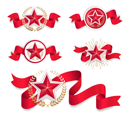 Red star with a laurel wreath. Set of isolated vector icons.